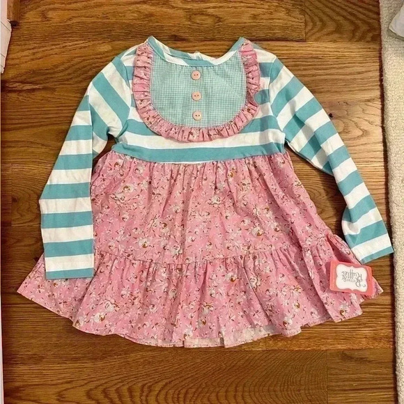 NWT Ricrac and Ruffles Tunic Dress girls size 5 Teal and Pink - Picture 1 of 9